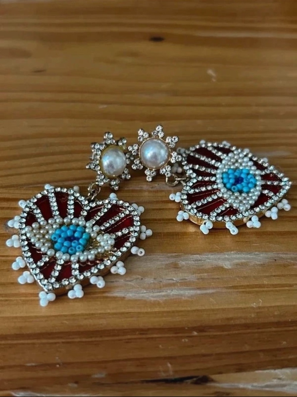 Pearl-Top Heart Drop Earrings with Blue Seed Bead Center - Red & Blue